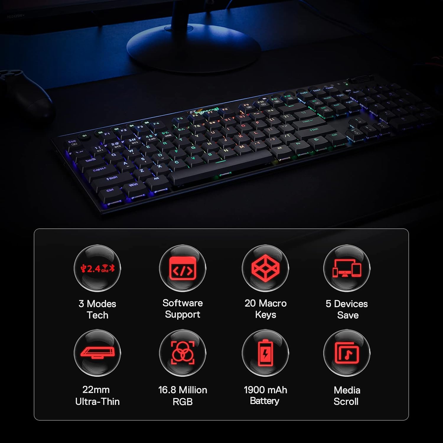 Redragon Keyboard K618 Horus Wireless Mechanical Redragon Keyboard K618 Horus Wireless Mechanical